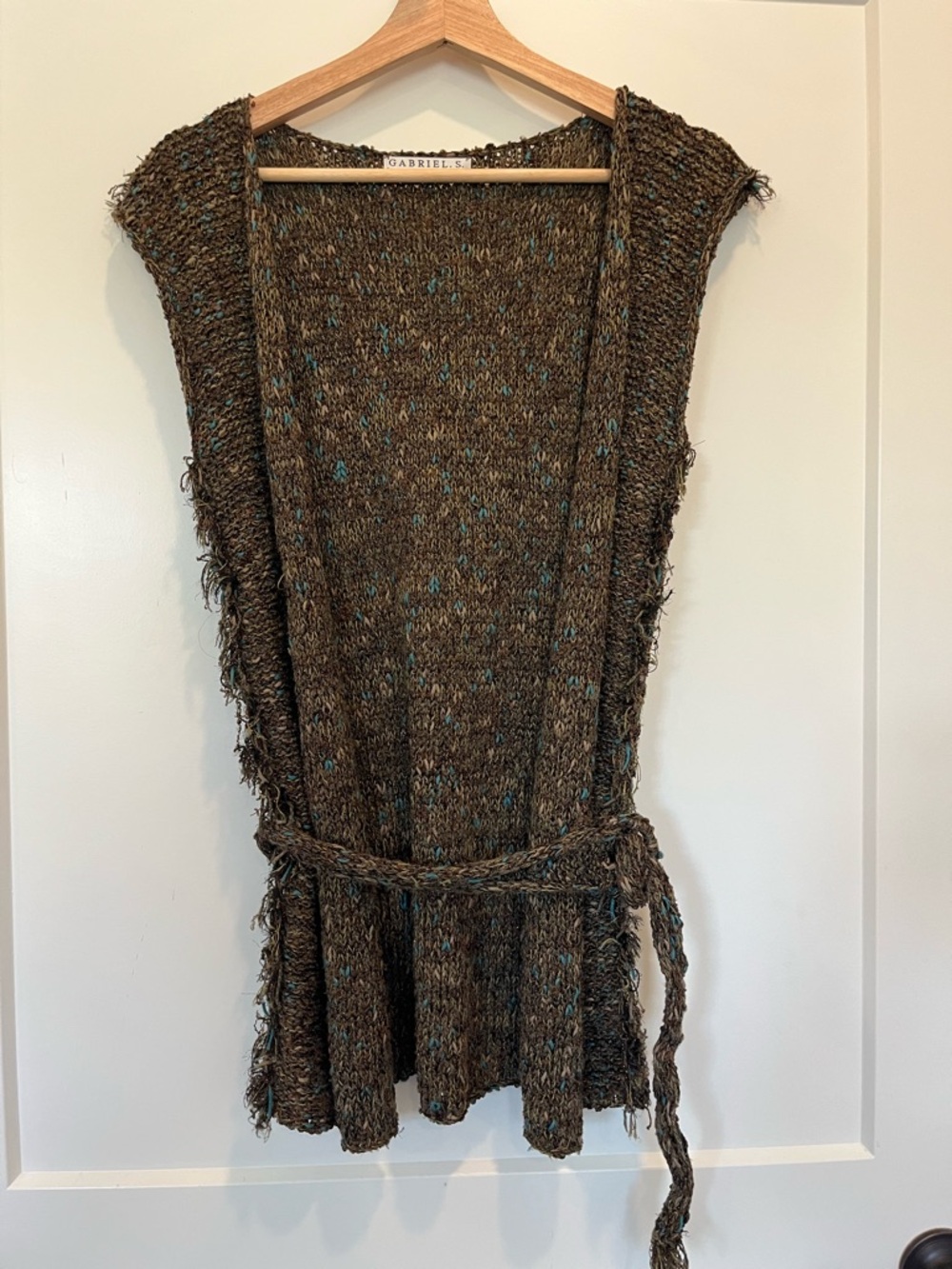 Gabriel.S open knit finge boho 70s coastal Goblincore hippie belted vest sz S/M